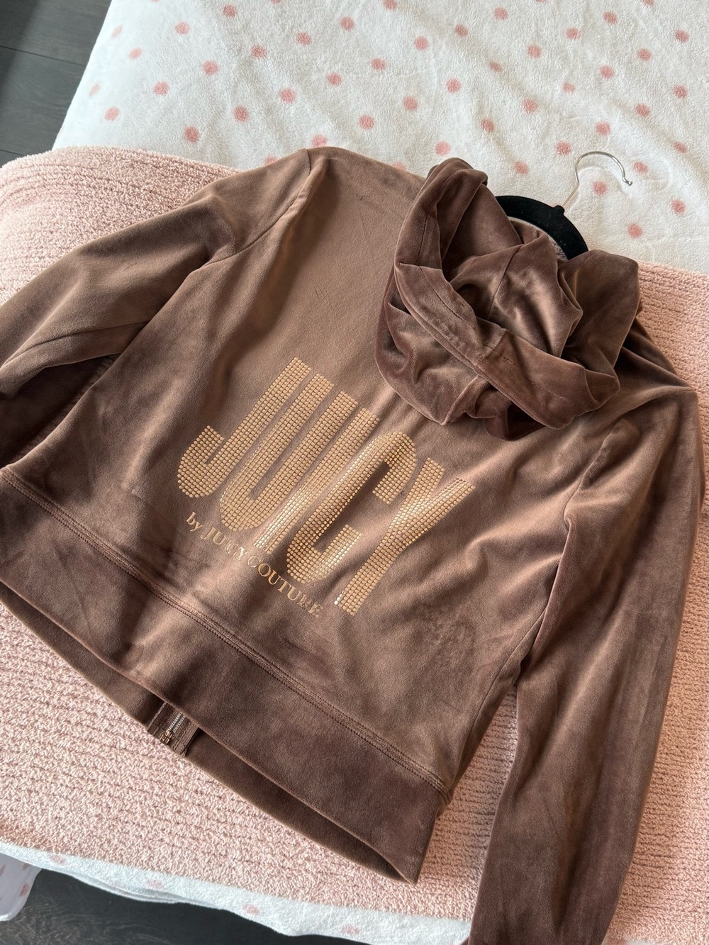 Juicy Couture Brown Velour Zip Hoodie with Rhinestone Logo
